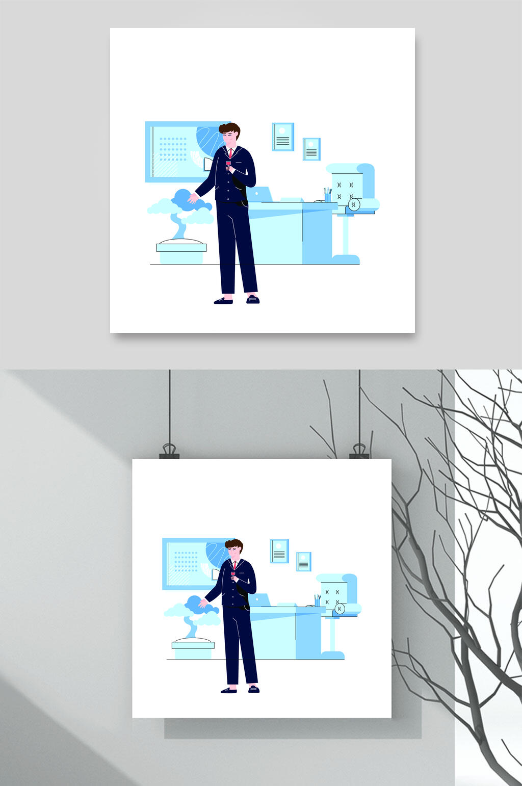 商务蓝黑简约植物办公人物矢量素材素材
