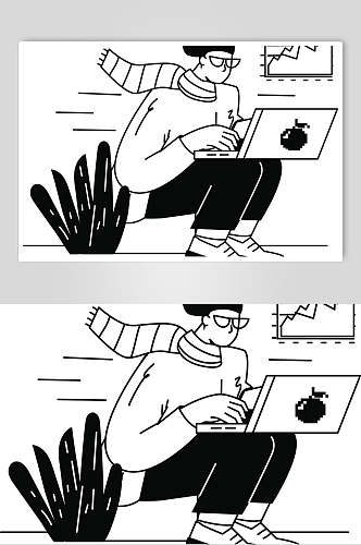 电脑叶子黑白简洁人物插画矢量素材
