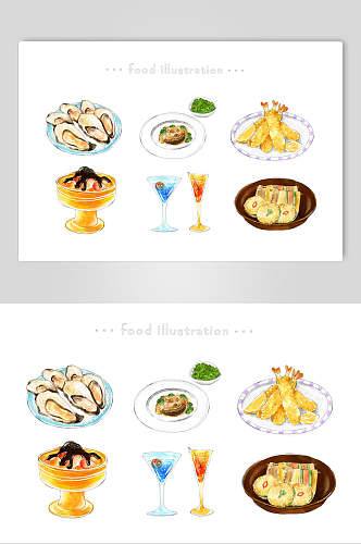 盘子杯子黄色手绘美食小吃插画素材