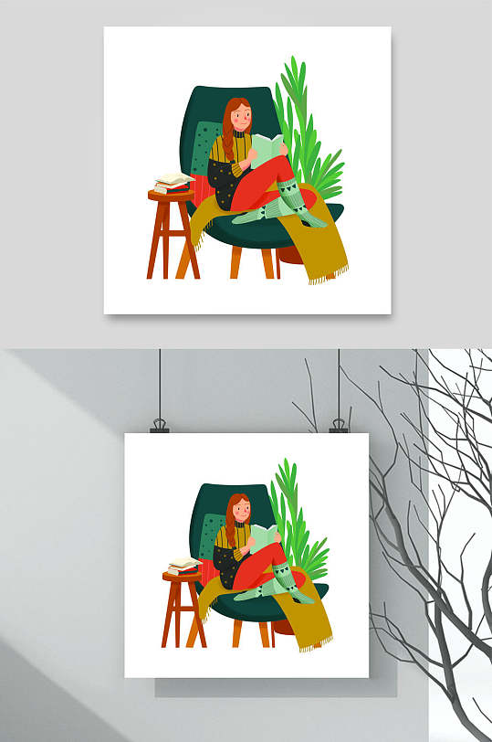 椅子椅子绿黄学习图书插画矢量素材
