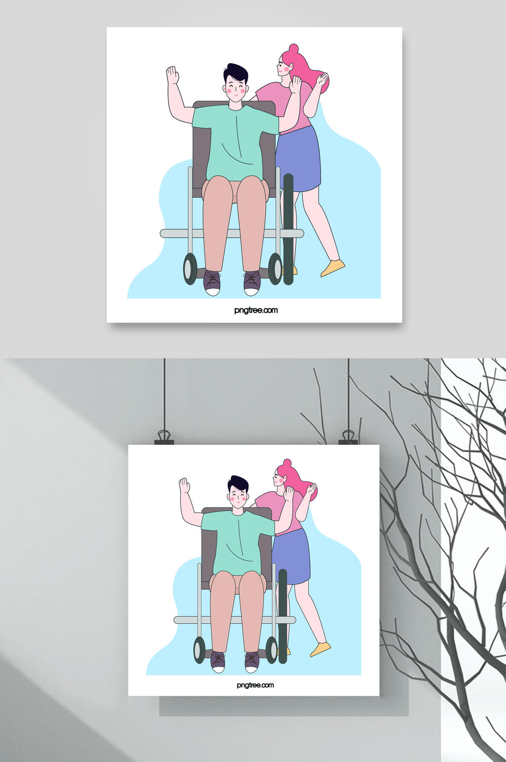轮椅男女蓝绿简约残疾人矢量素材素材