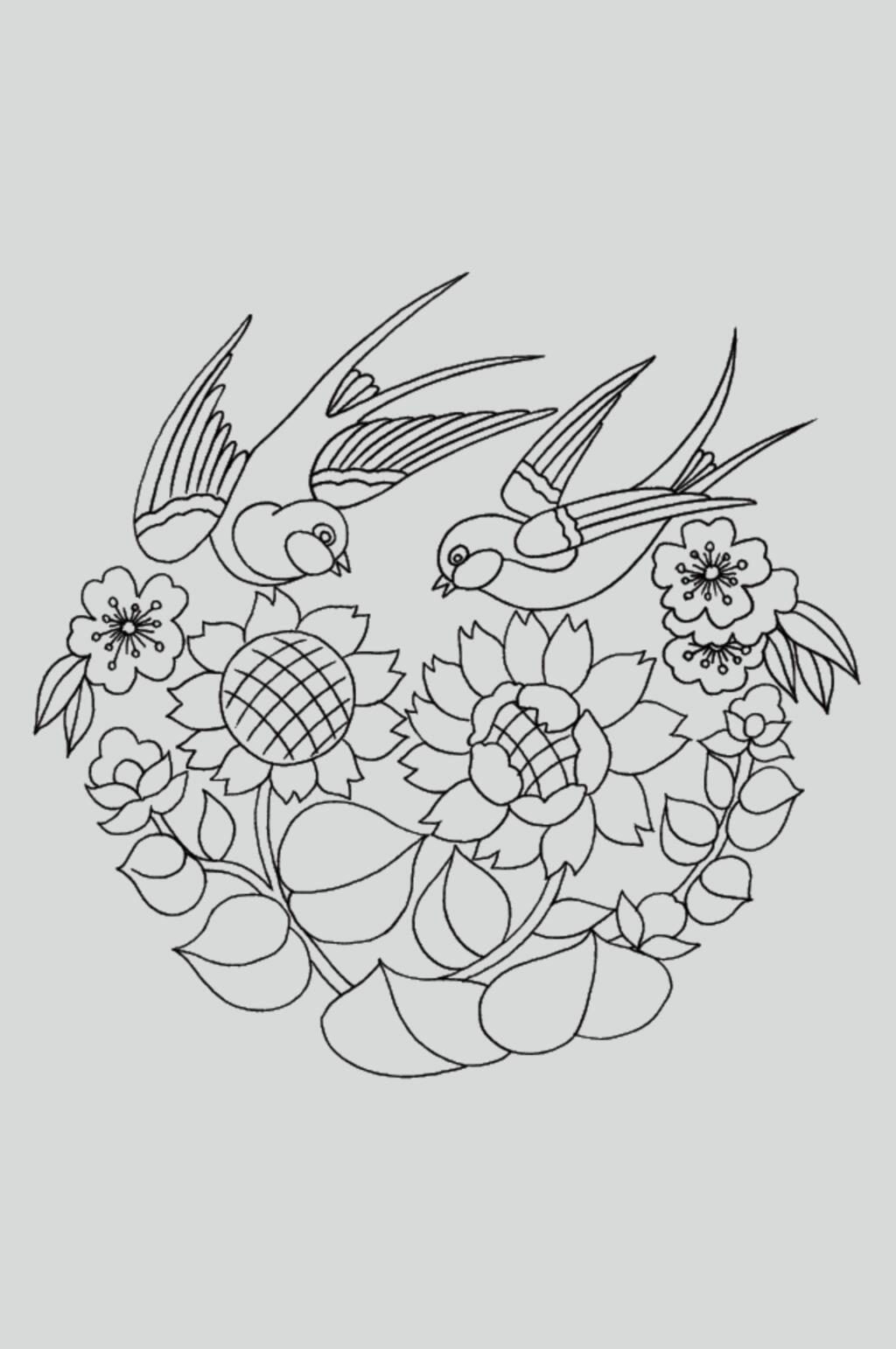 花朵小鸟黑色古典线描纹样矢量素材素材