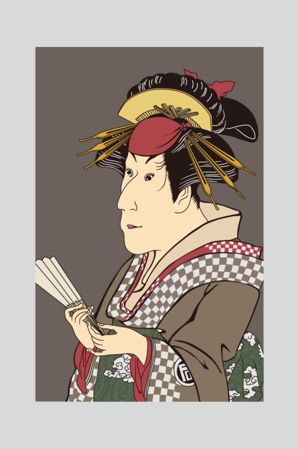 扇子唯美褐色矢量浮世绘仕女素材素材