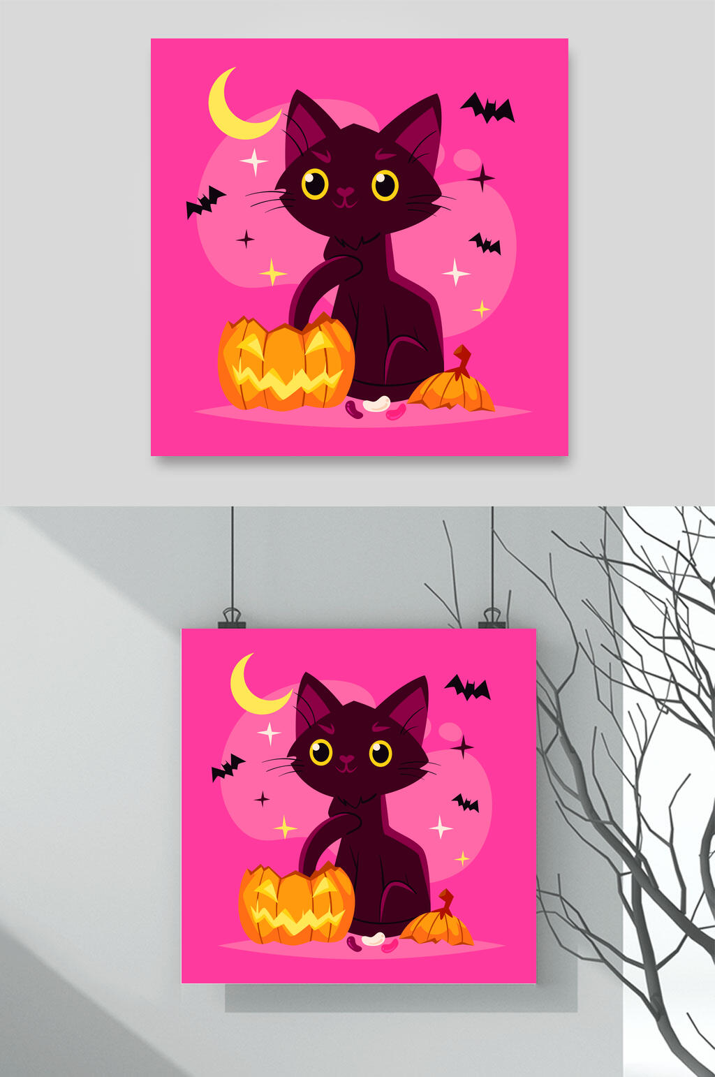 月亮蝙蝠粉矢量万圣节猫咪插画素材素材