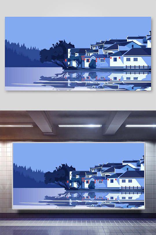 唯美大氣古風(fēng)建筑矢量插畫