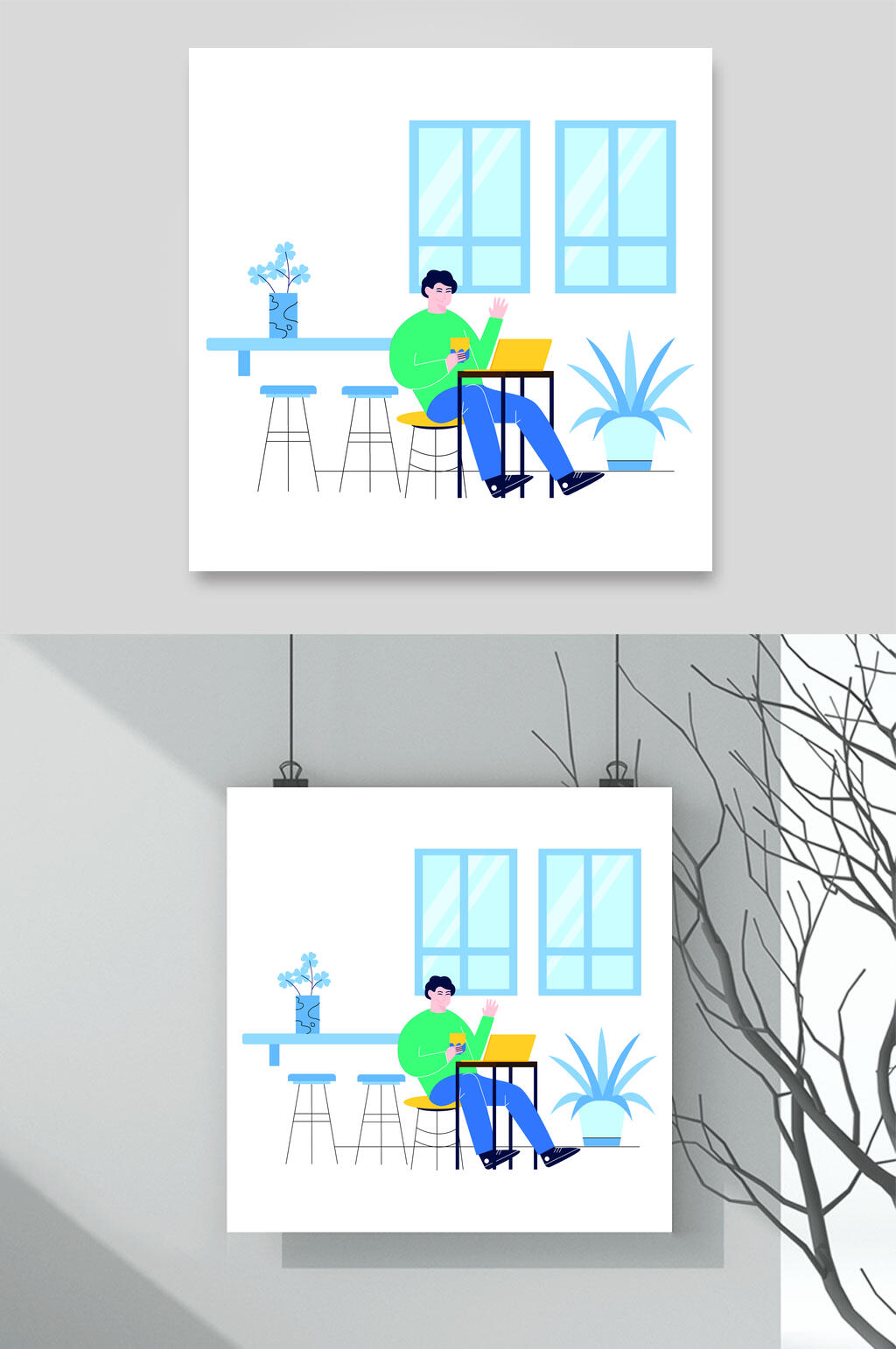 植物蓝绿电脑手绘办公人物矢量素材素材