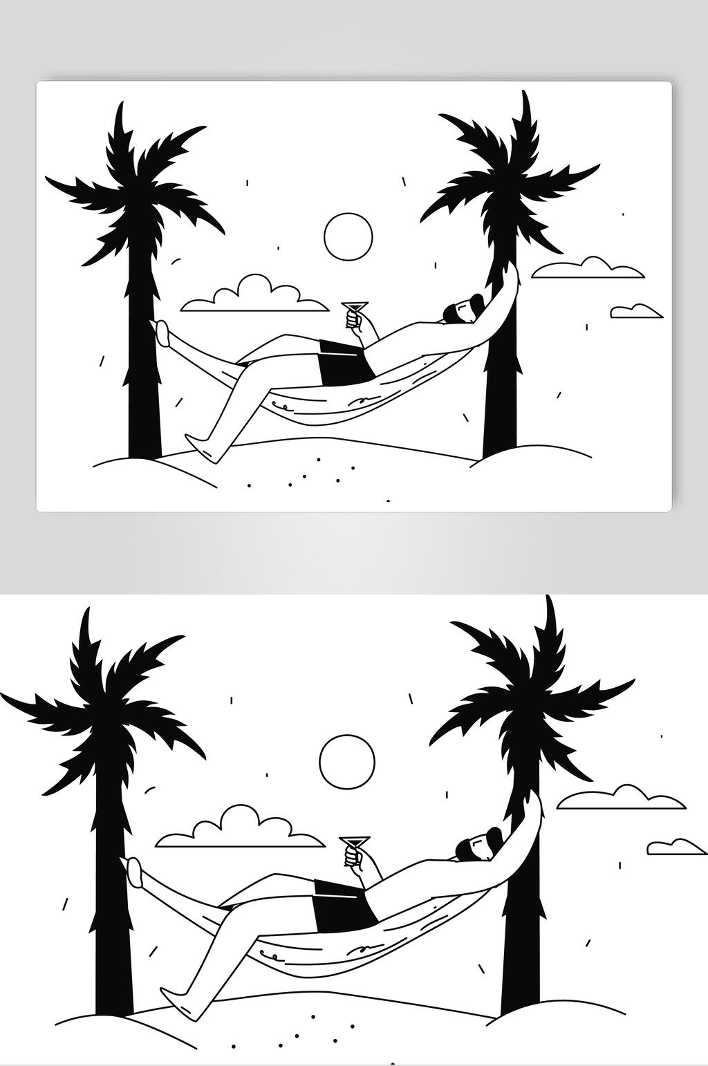 树木云朵黑白简洁人物插画矢量素材素材