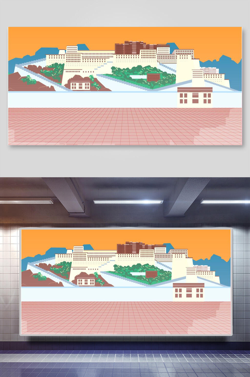 创意布达拉宫古风建筑矢量插画素材