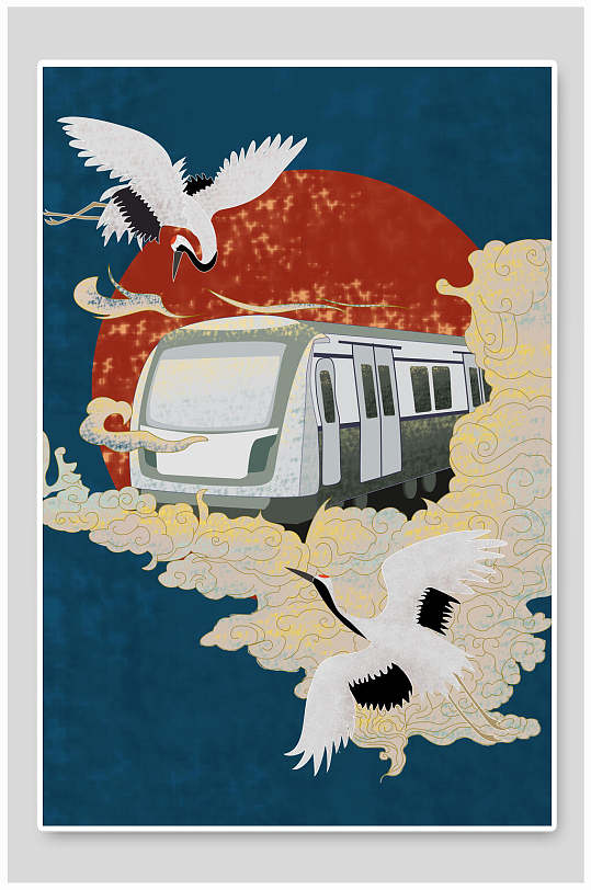 国潮唯美开往春天的列车插画