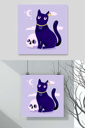 骷髅月亮紫矢量万圣节猫咪插画素材