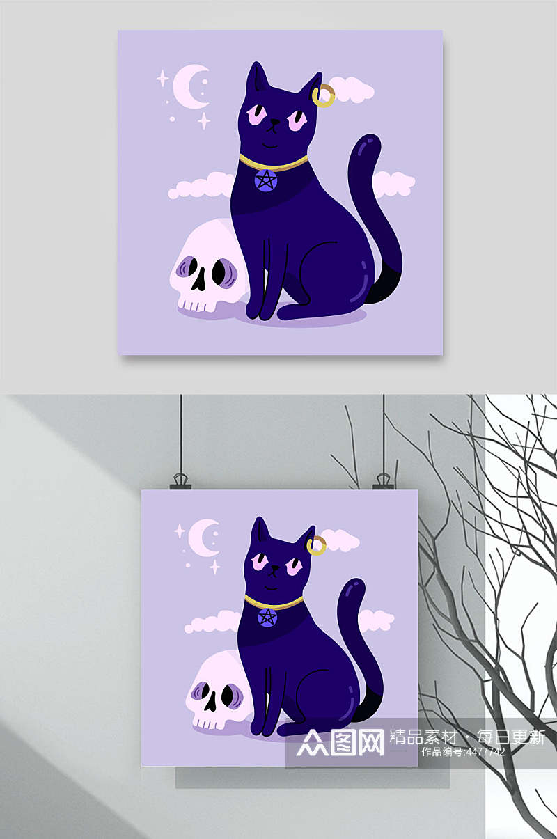 骷髅月亮紫矢量万圣节猫咪插画素材素材