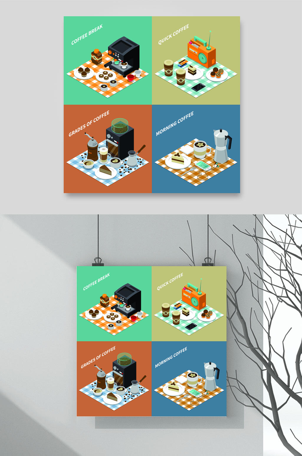 立体美味咖啡厅场景等距插画矢量素材素材