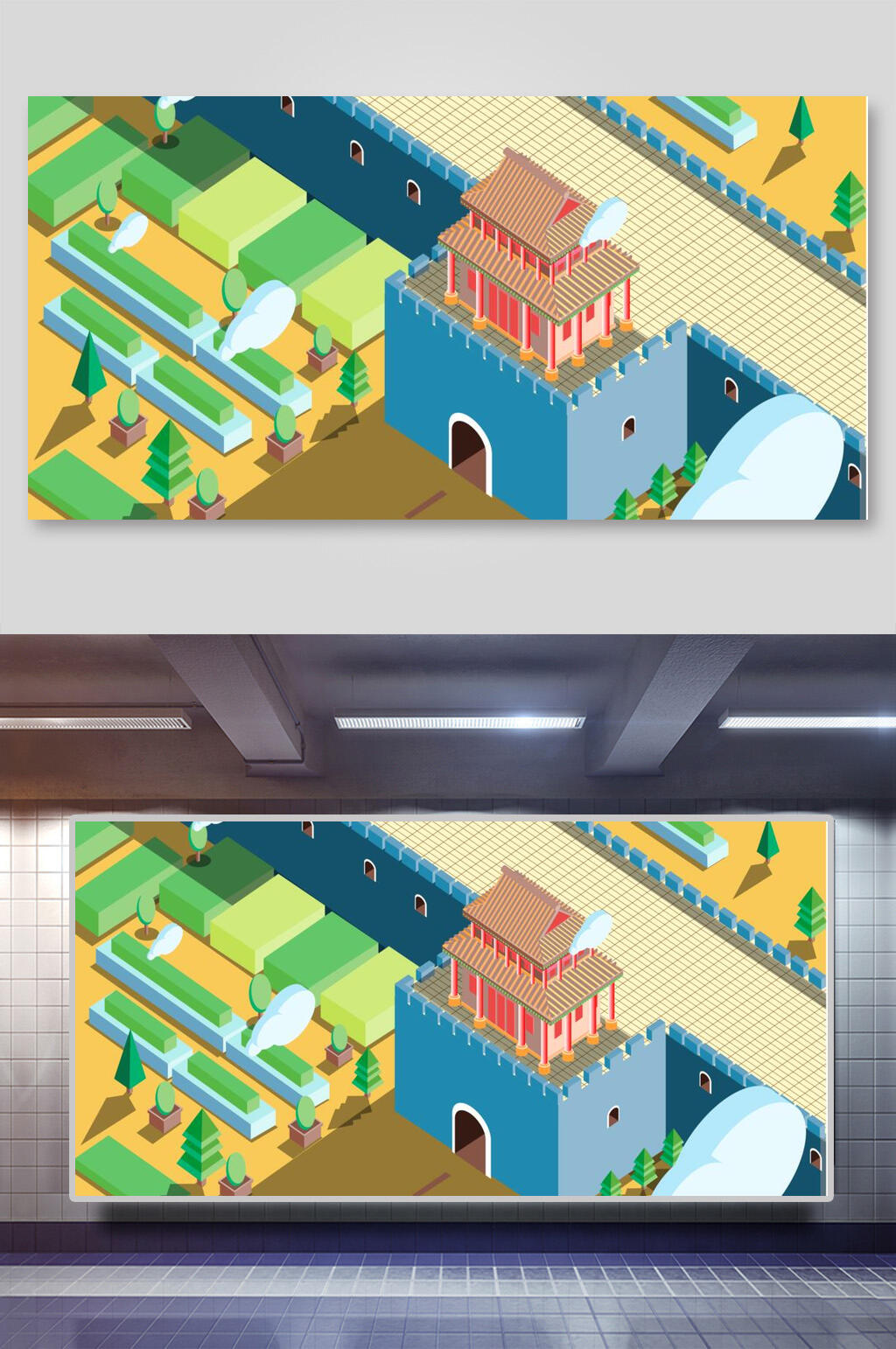 创意立体古风建筑矢量插画素材