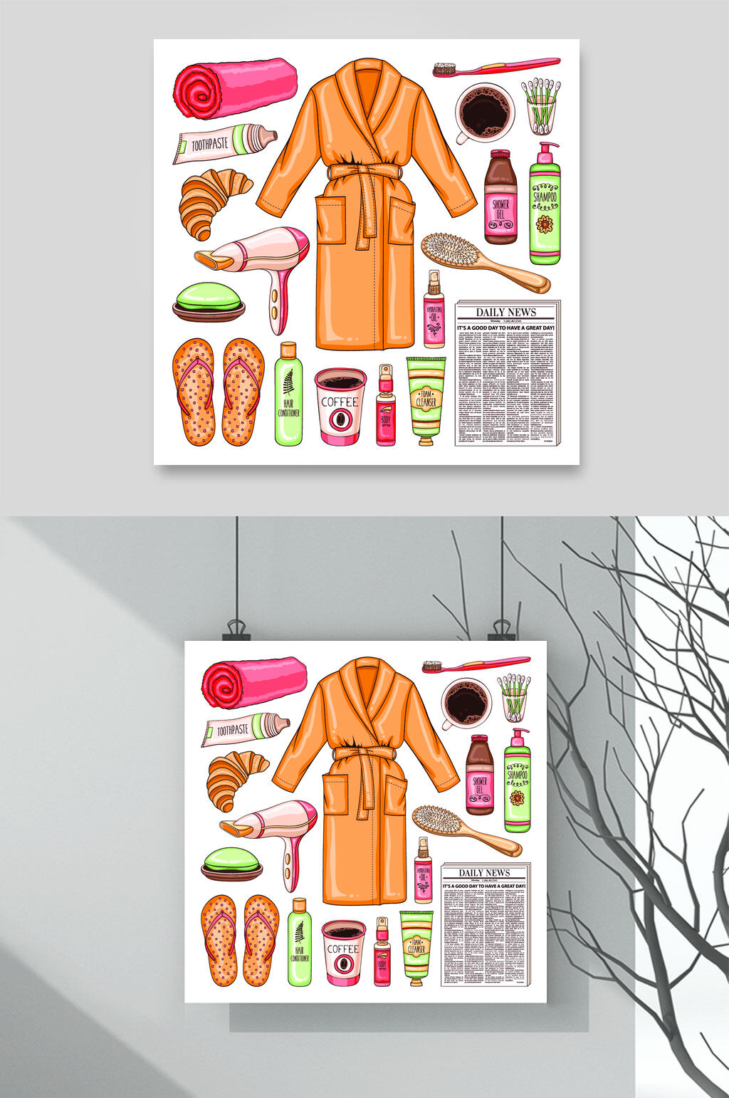 衣服拖鞋洗漱用品插画矢量素材素材