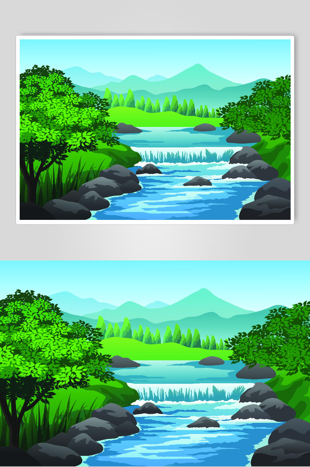 树木蓝绿河流清新自然风景矢量素材素材