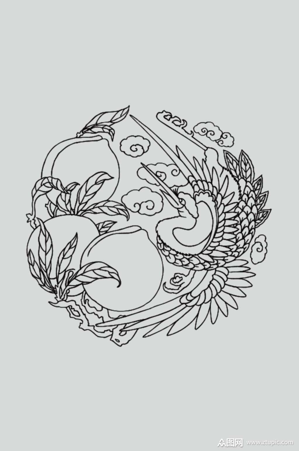桃子祥云黑色古典线描纹样矢量素材模板下载-编号4466666-众图网