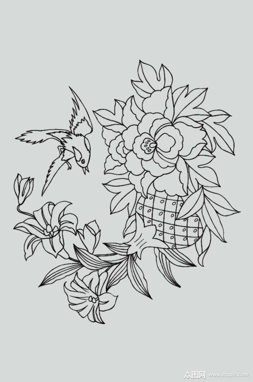 花朵小鸟黑色古典线描纹样矢量素材素材