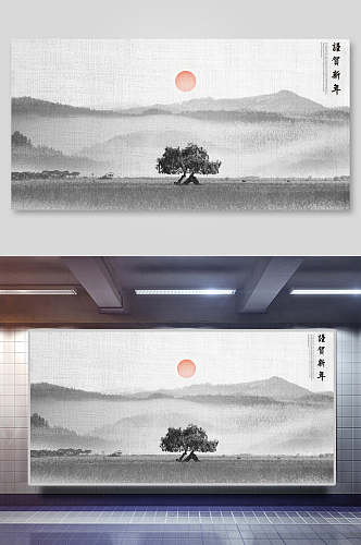 日出中式风景背景