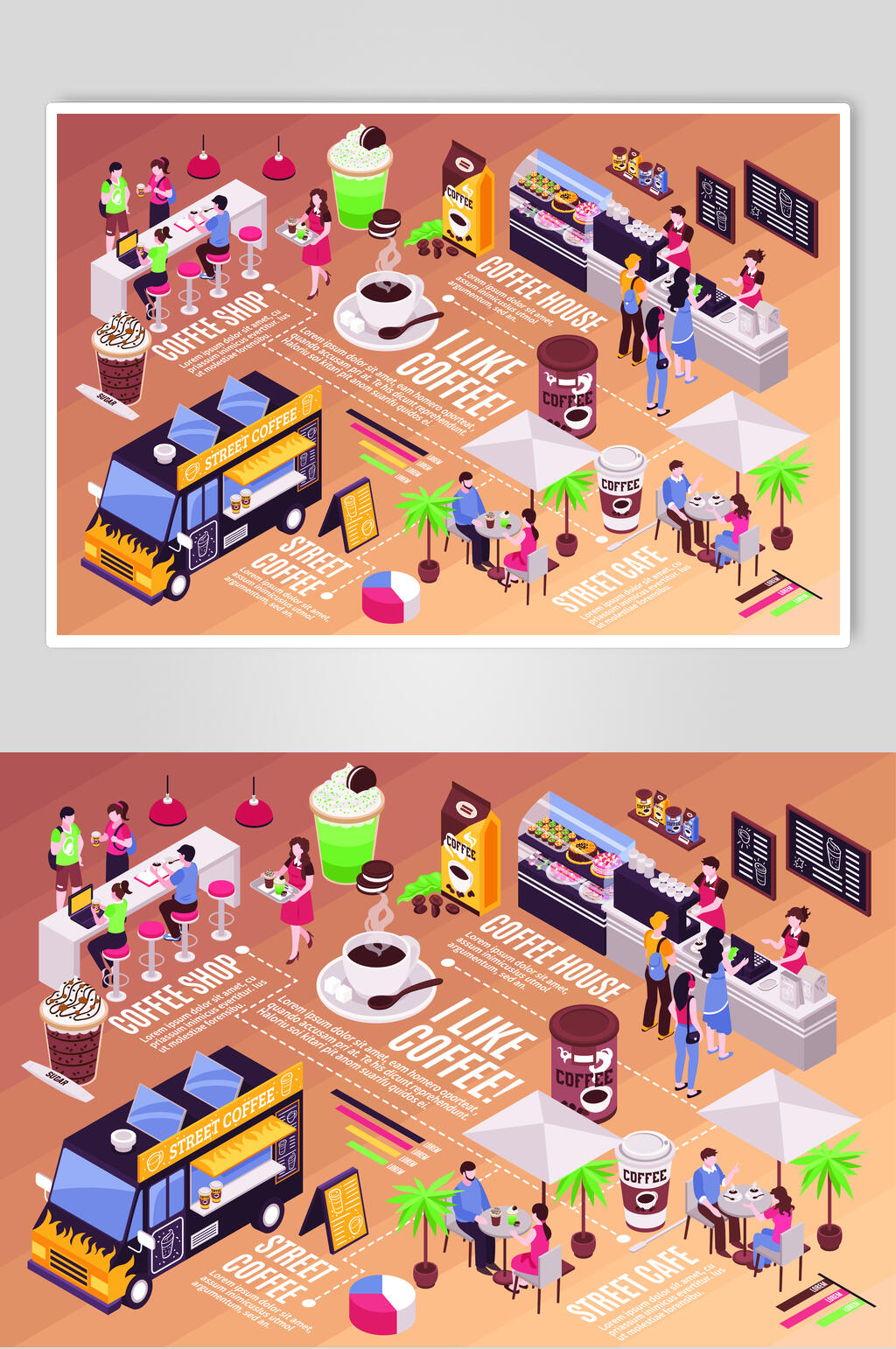 个性咖啡厅场景等距插画矢量素材素材