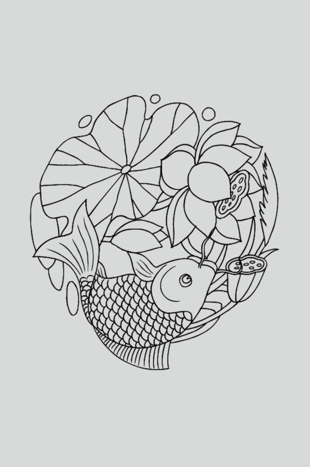 花朵锦鲤手绘古典线描纹样矢量素材素材