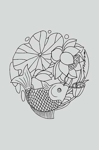 花朵锦鲤手绘古典线描纹样矢量素材
