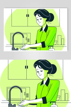 洗手线条少女清新绿色手绘矢量素材