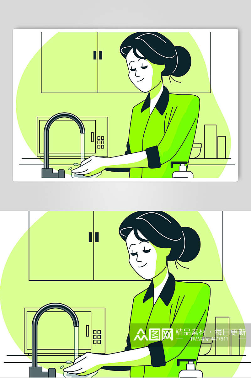 洗手线条少女清新绿色手绘矢量素材素材