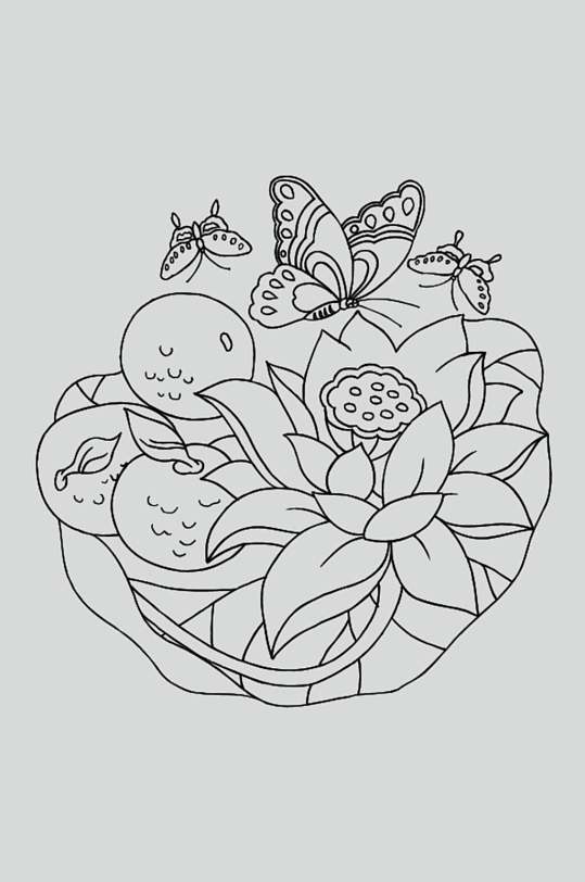 古典线描荷花蝴蝶纹样矢量素材