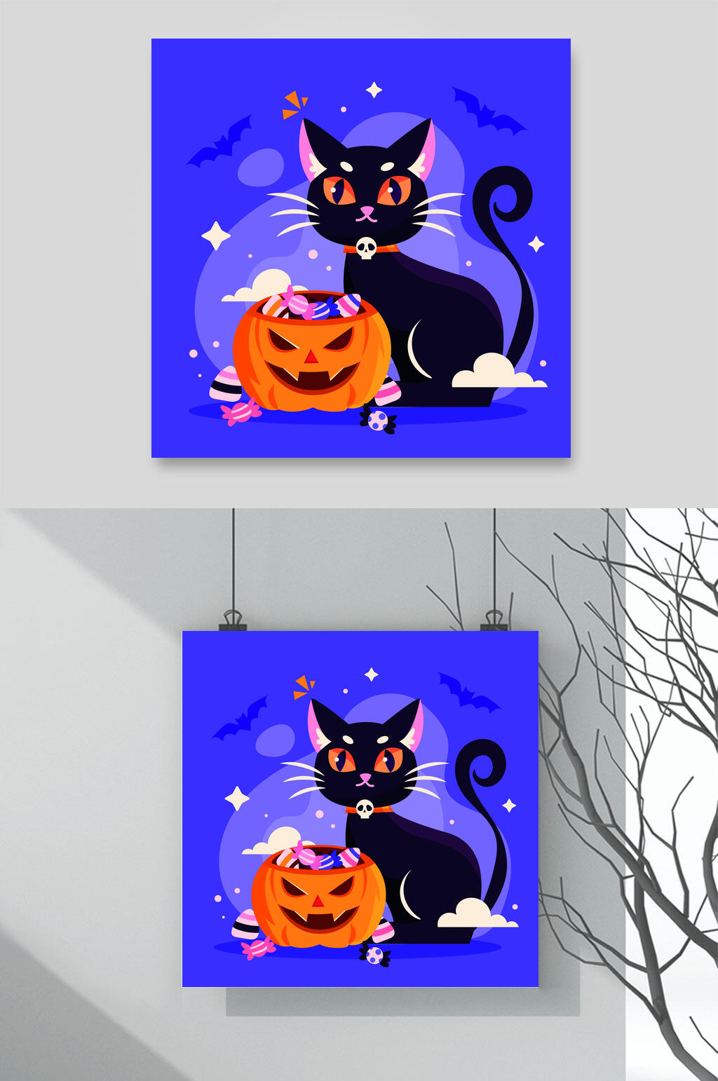 南瓜云朵蓝矢量万圣节猫咪插画素材素材