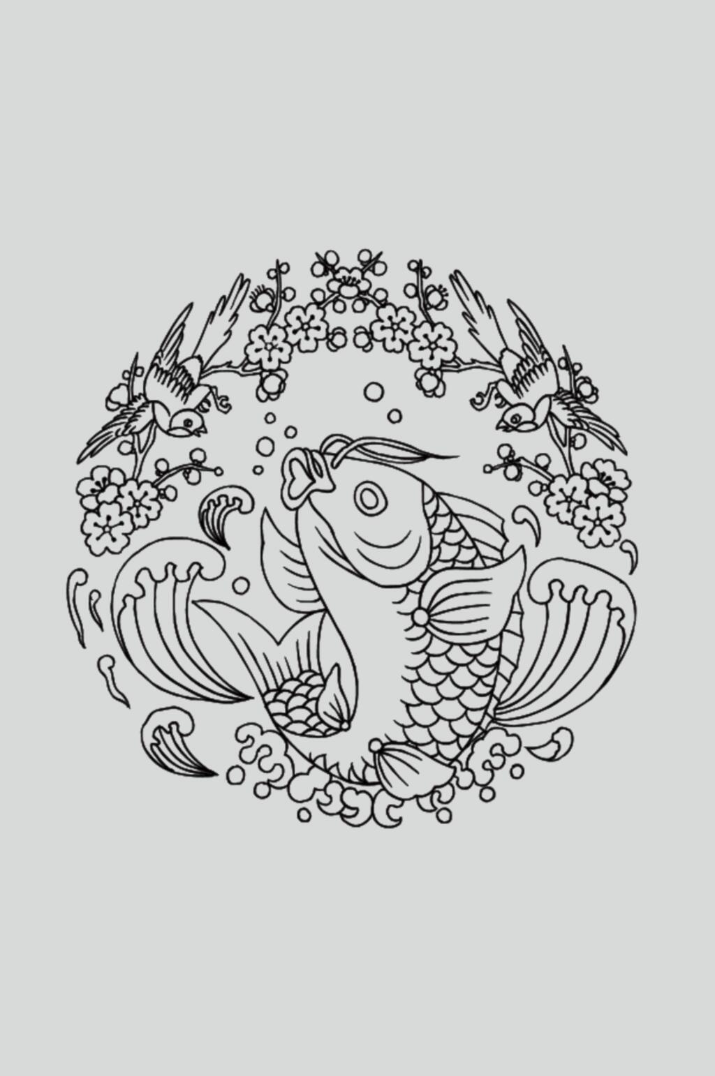 锦鲤花朵黑色古典线描纹样矢量素材素材
