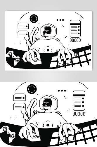 键盘鼠标黑白简洁人物插画矢量素材