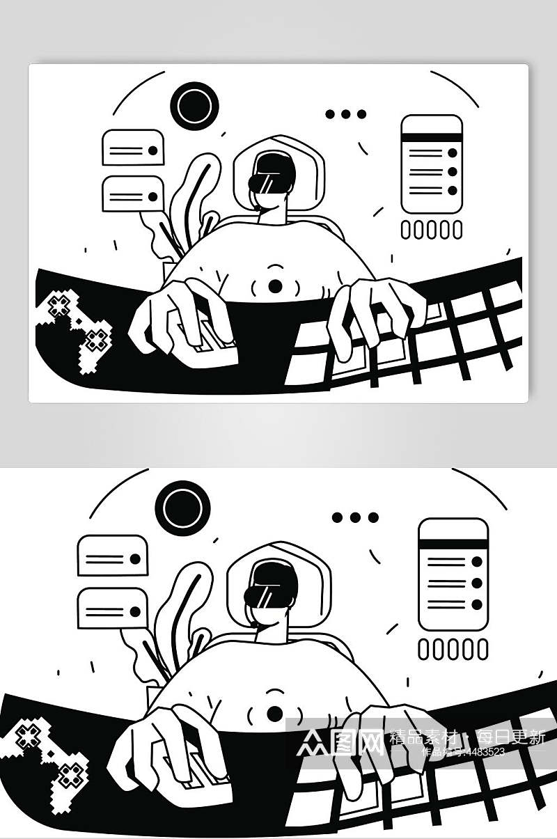 键盘鼠标黑白简洁人物插画矢量素材素材