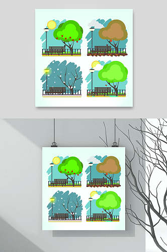 树木月亮绿色四季变化插画矢量素材