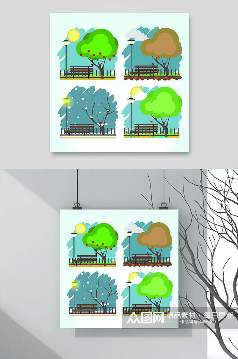 树木月亮绿色四季变化插画矢量素材素材