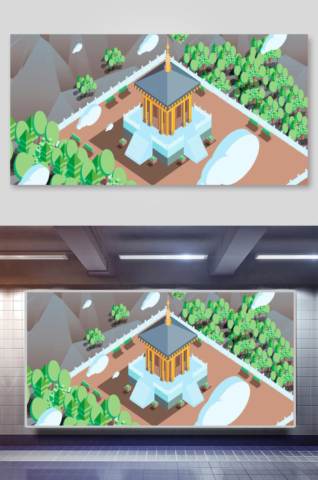 简约立体古风建筑矢量插画素材