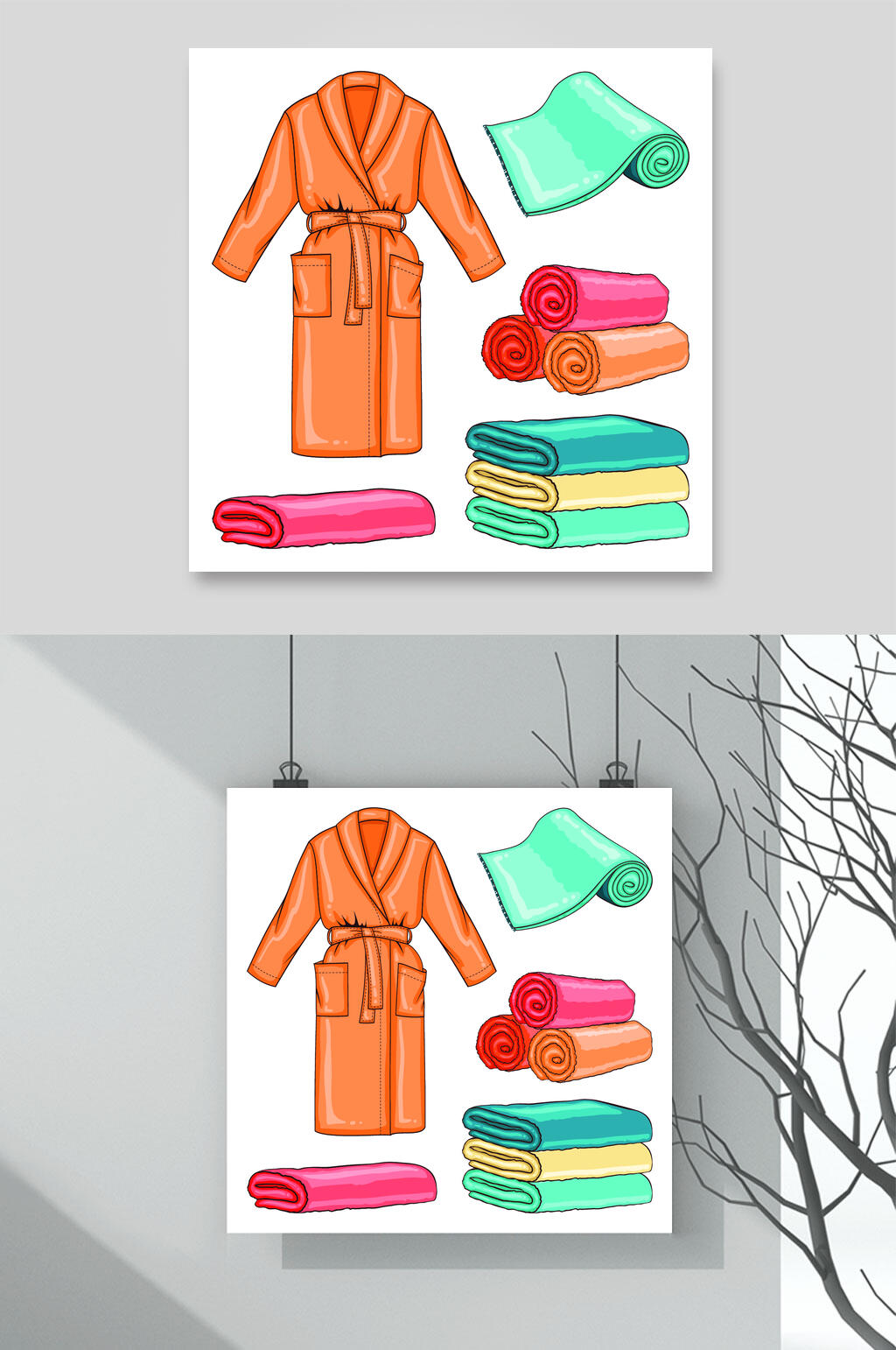 毛巾浴巾洗漱用品插画矢量素材素材