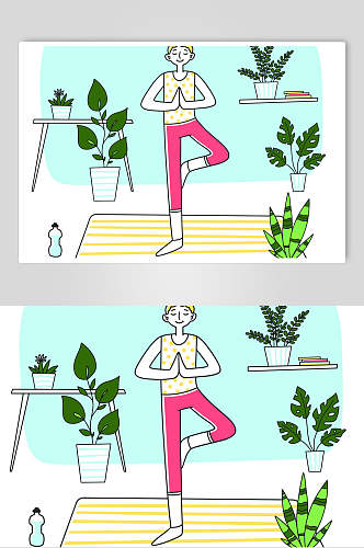 植物线条瑜伽清新手绘家庭矢量素材