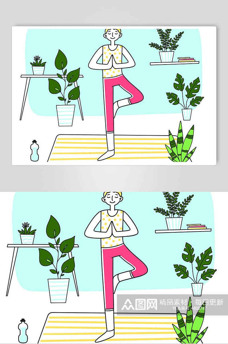 植物线条瑜伽清新手绘家庭矢量素材素材