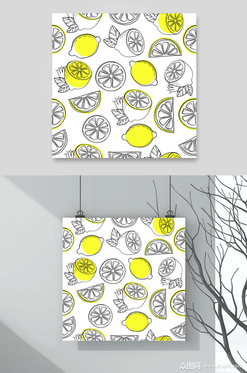 黄黑手绘线条简约时尚柠檬矢量素材素材