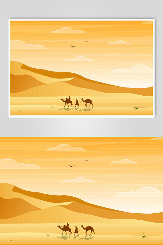 黄色沙漠手绘骆驼剪影插画矢量素材
