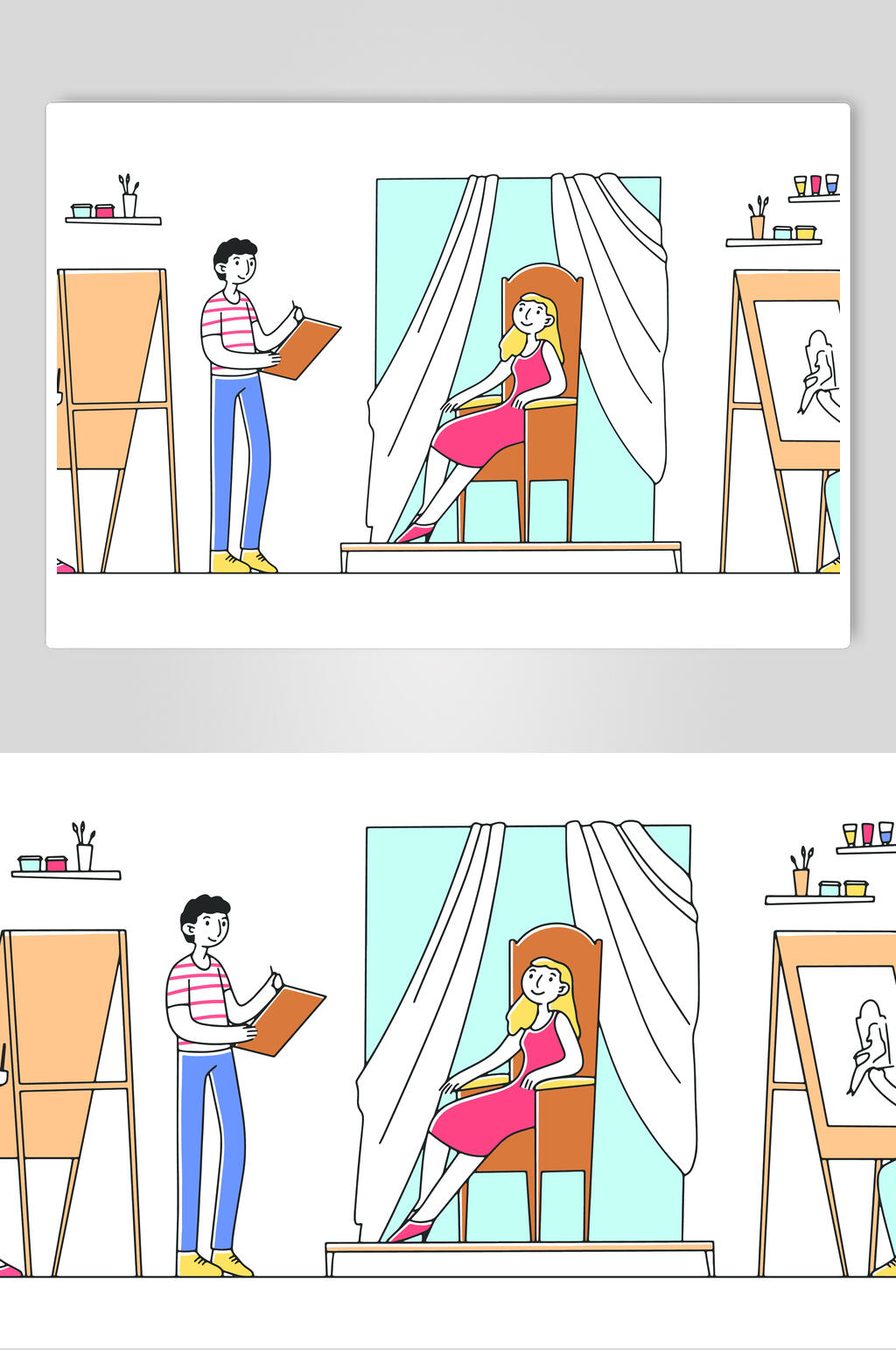 窗帘绘画清新素雅手绘家庭矢量素材素材