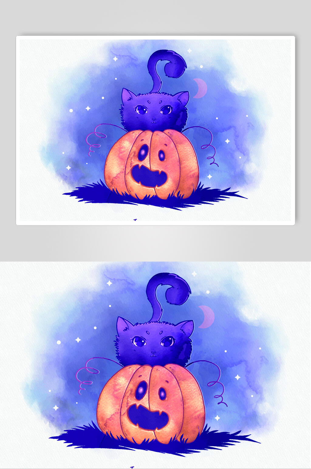 猫咪水墨蓝矢量万圣节猫咪插画素材素材