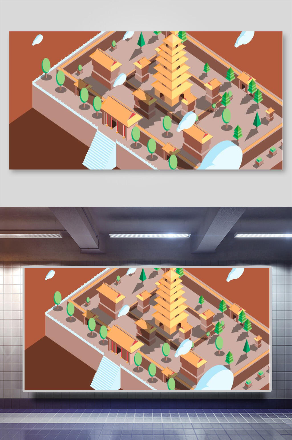 褐色古风建筑矢量插画素材