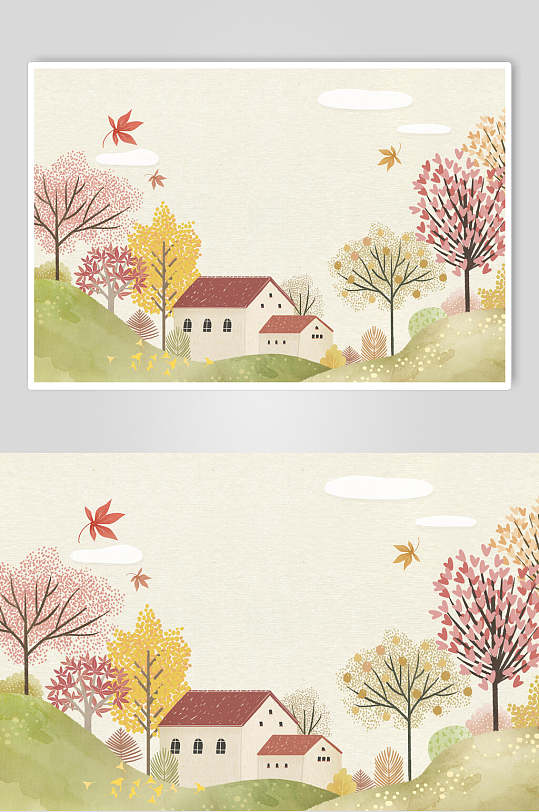 房屋建筑树木绿色秋天海报素材