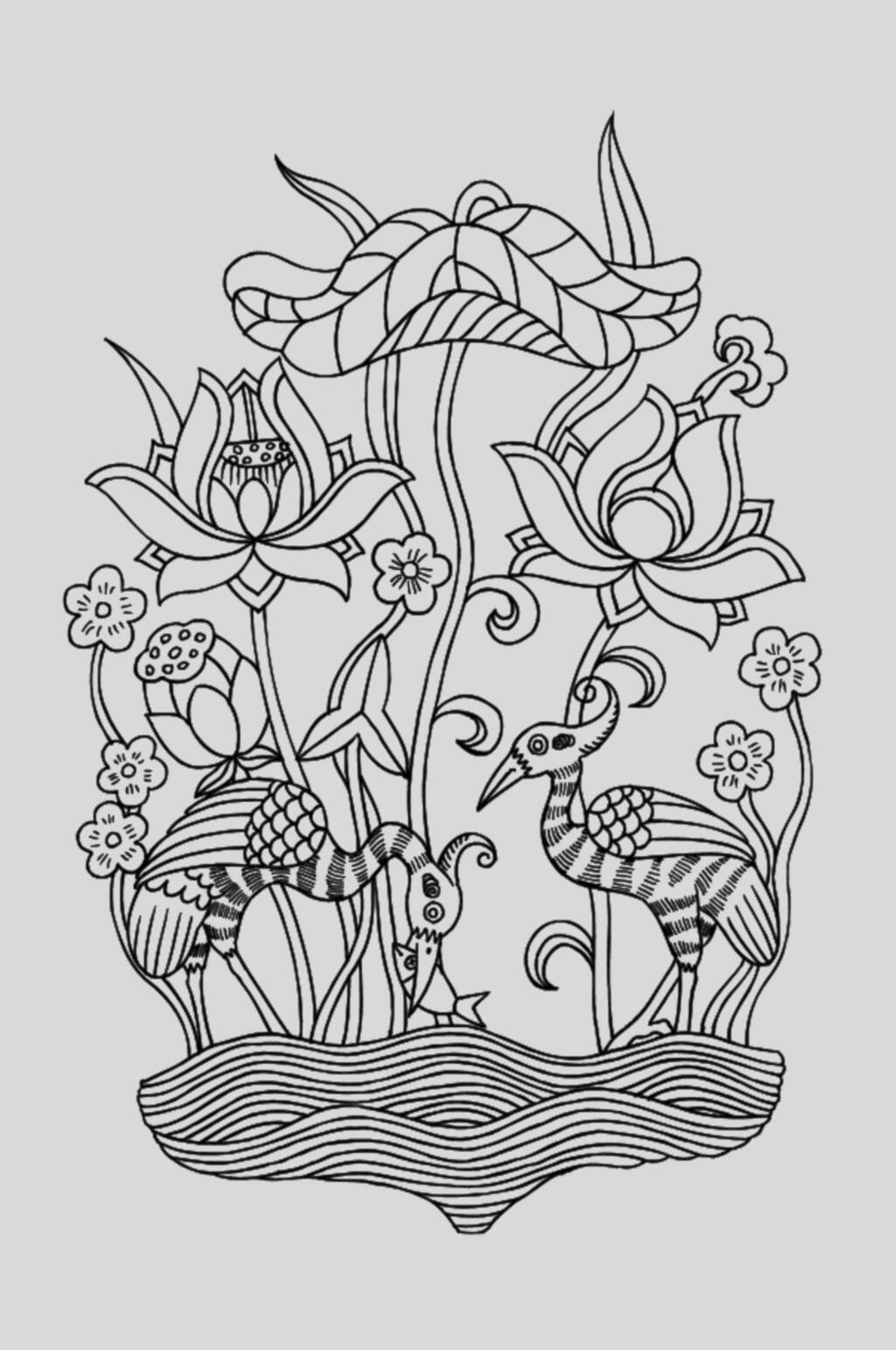 花朵荷叶黑色古典线描纹样矢量素材素材