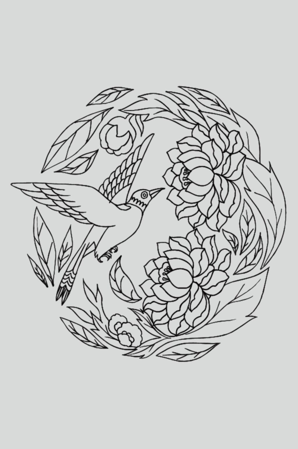 小鸟花朵黑色古典线描纹样矢量素材素材