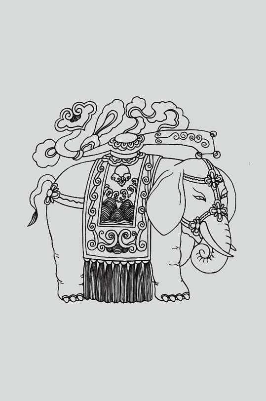 大象黑色手绘古典线描纹样矢量素材