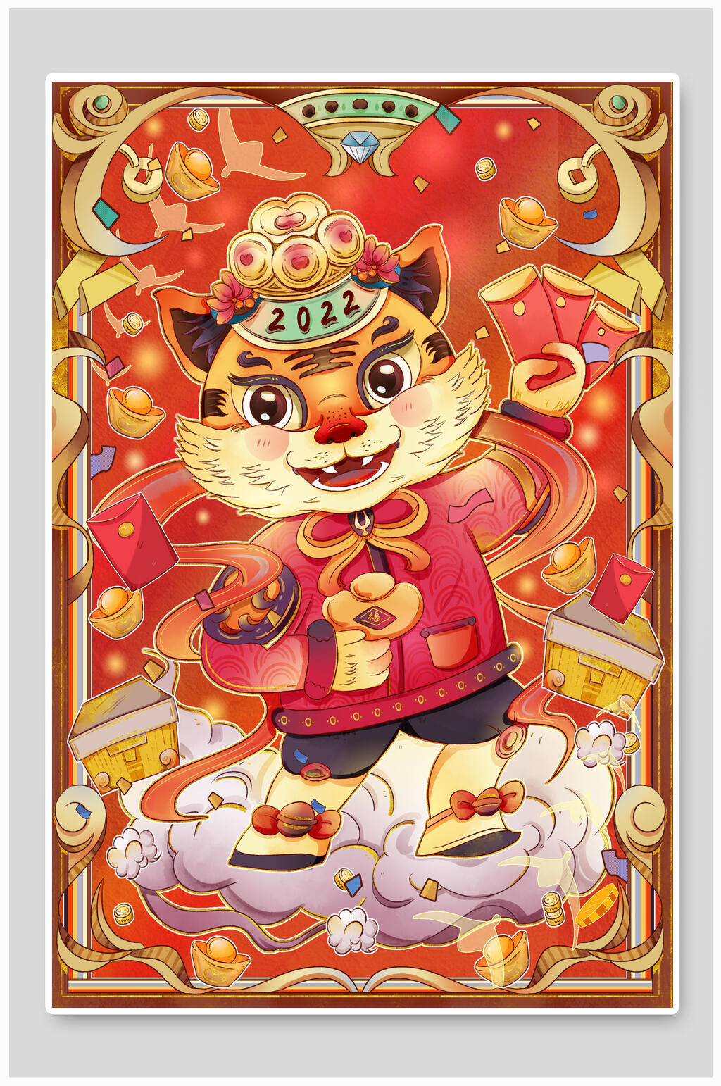 竖版红色虎年插画素材