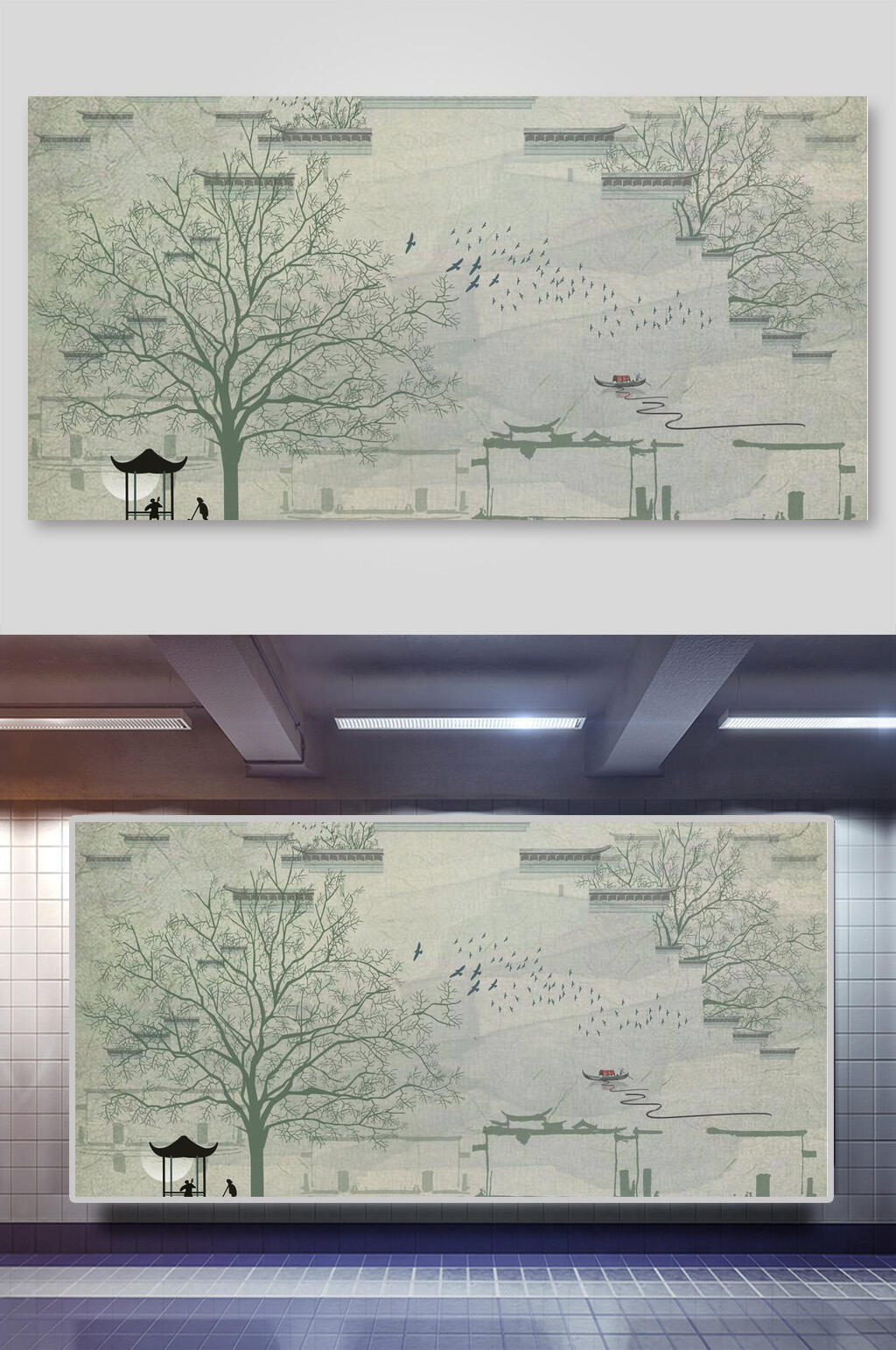 精致大气树木古风建筑矢量插画素材