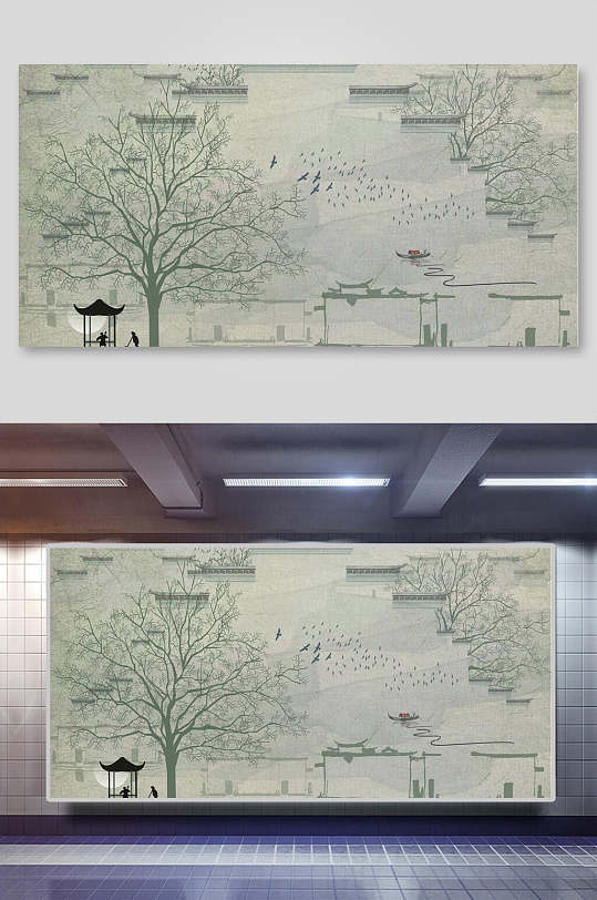 精致大氣樹木古風(fēng)建筑矢量插畫